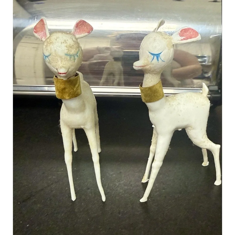 2 Vintage 1950's Hard Plastic the Reindeer Christmas Figurines Ornaments